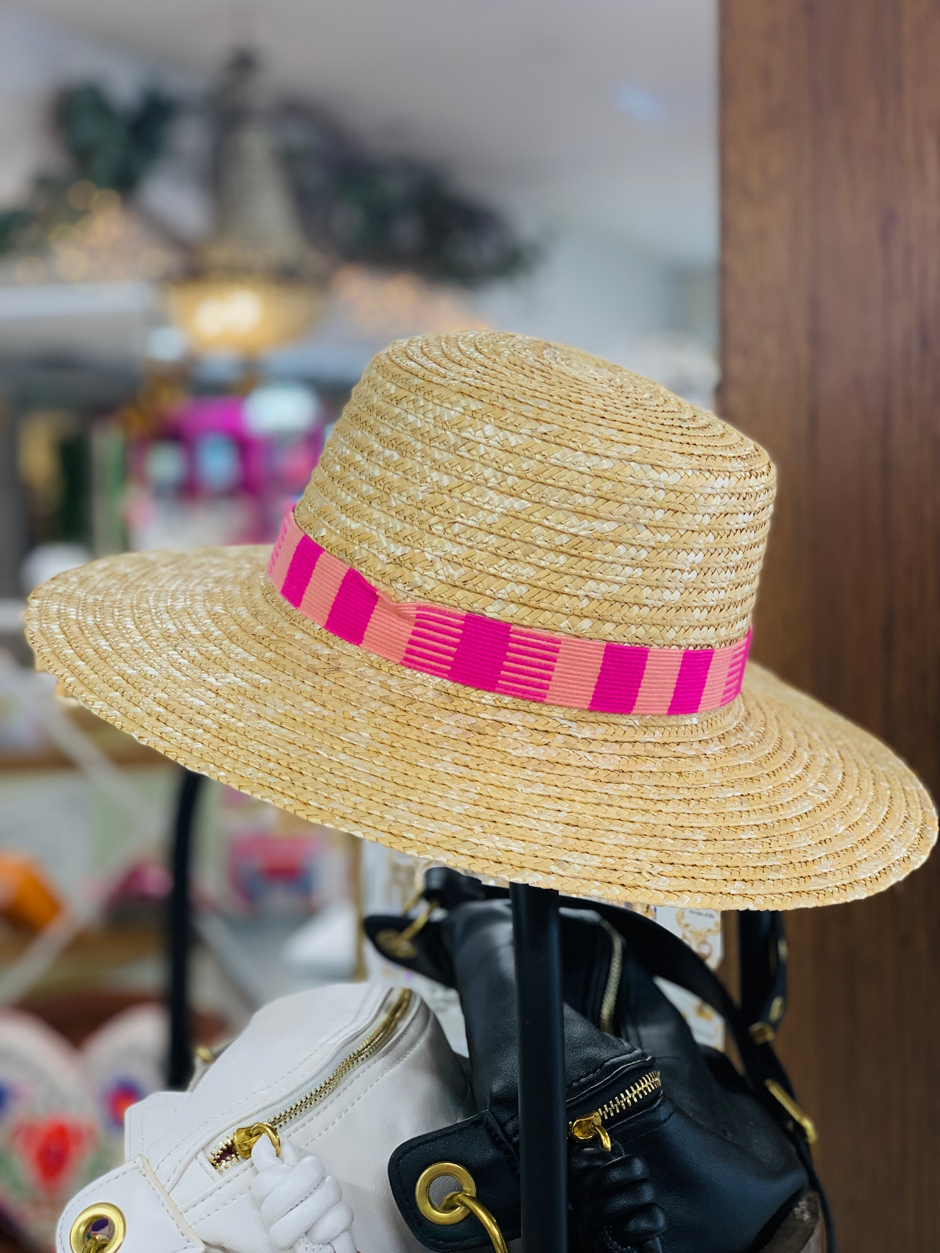 Straw Braided Checkered Strap Sun Hat