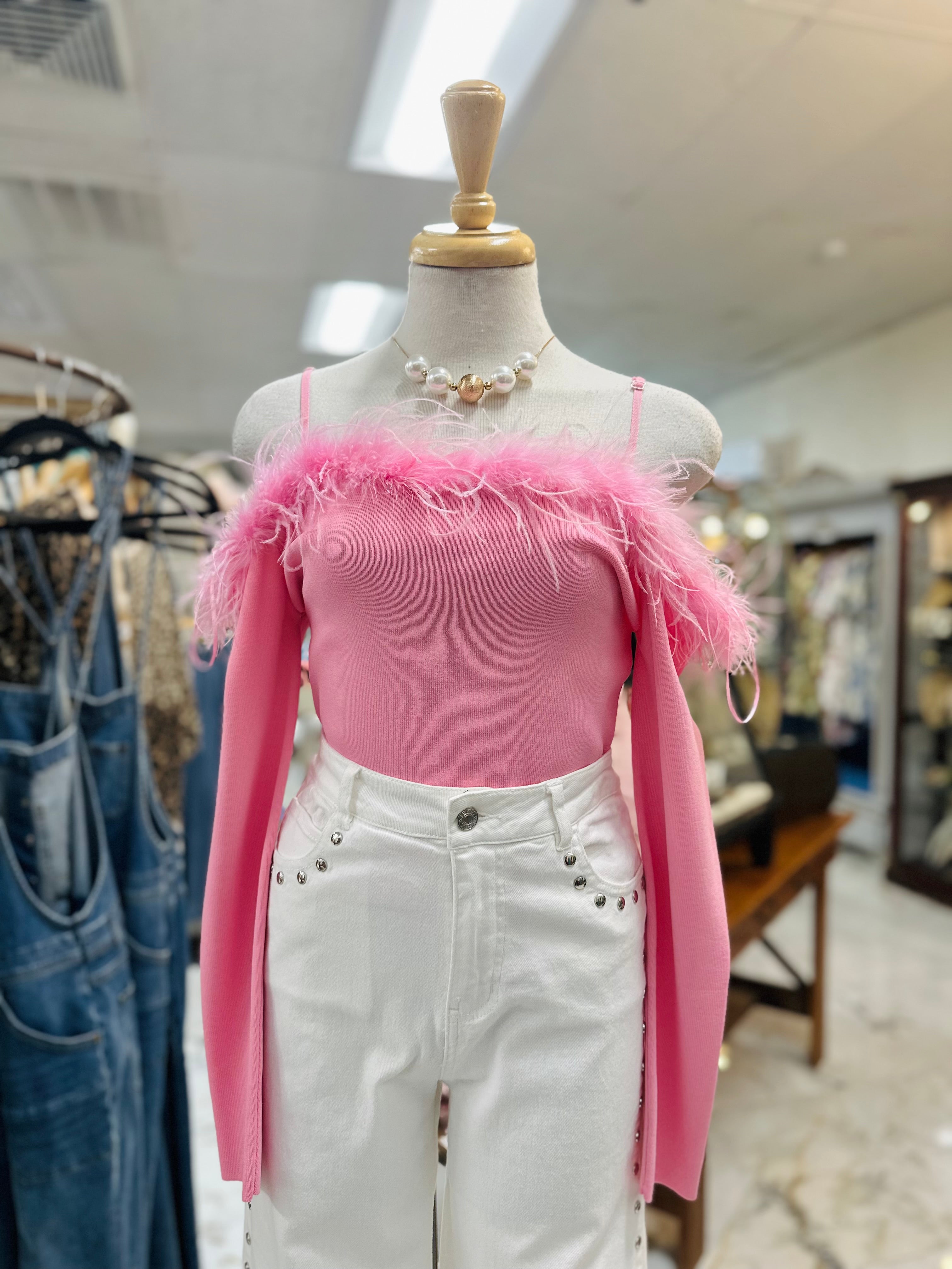 Off Shoulder Feather Bubble Pink Top