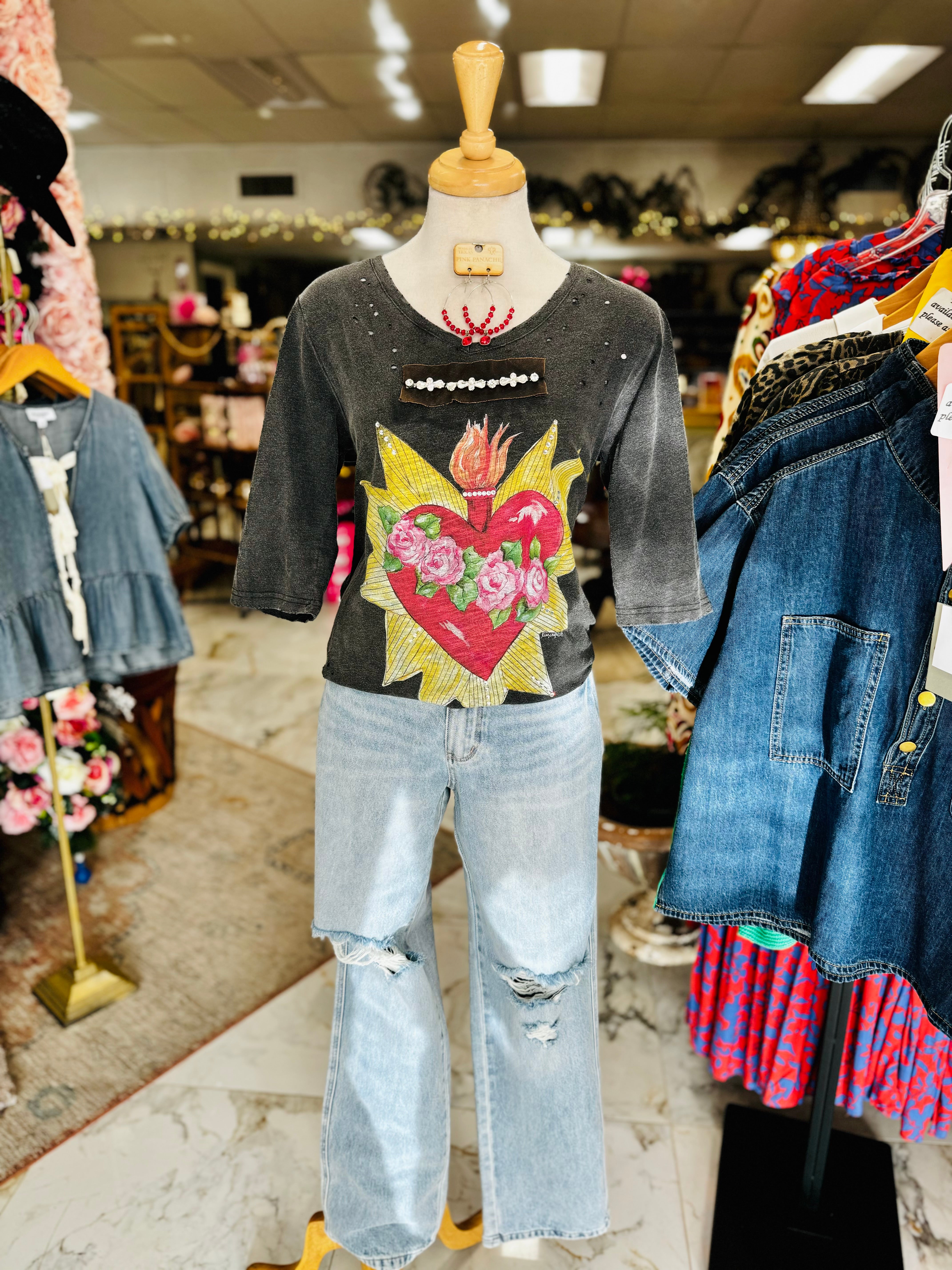 Blazing Heart 3/4 Tattered Tee