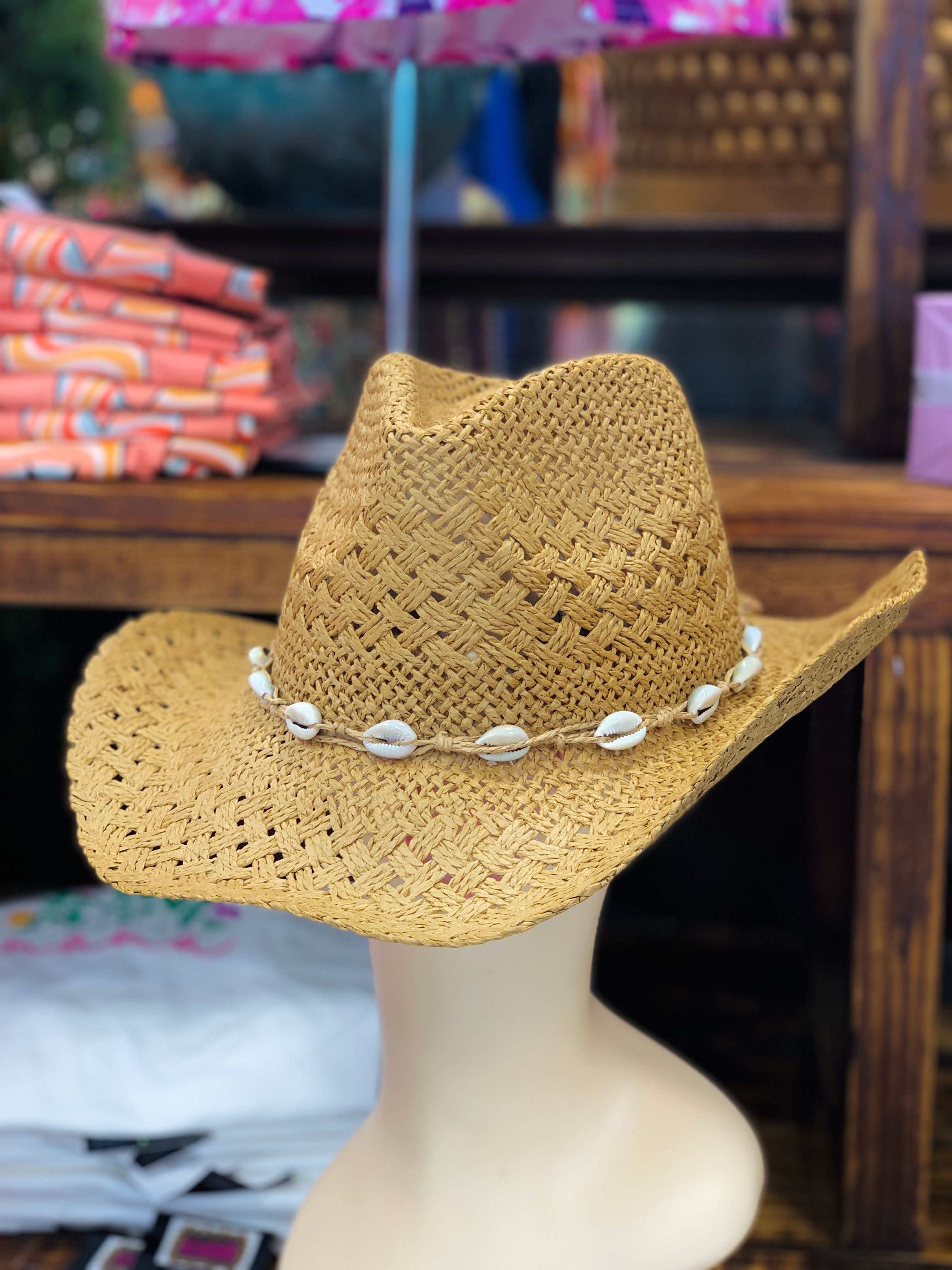 Straw Braid Cowrie Shell Strap Fedora Hat