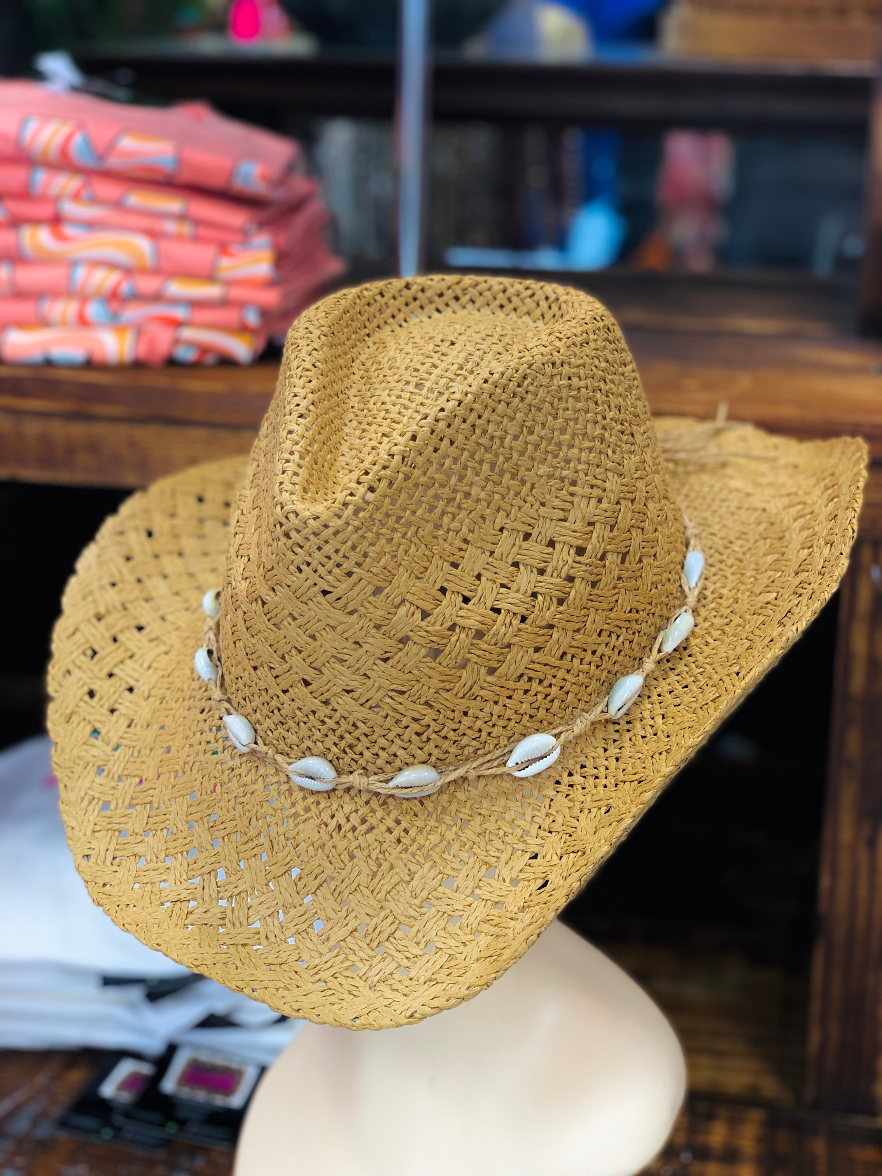 Straw Braid Cowrie Shell Strap Fedora Hat