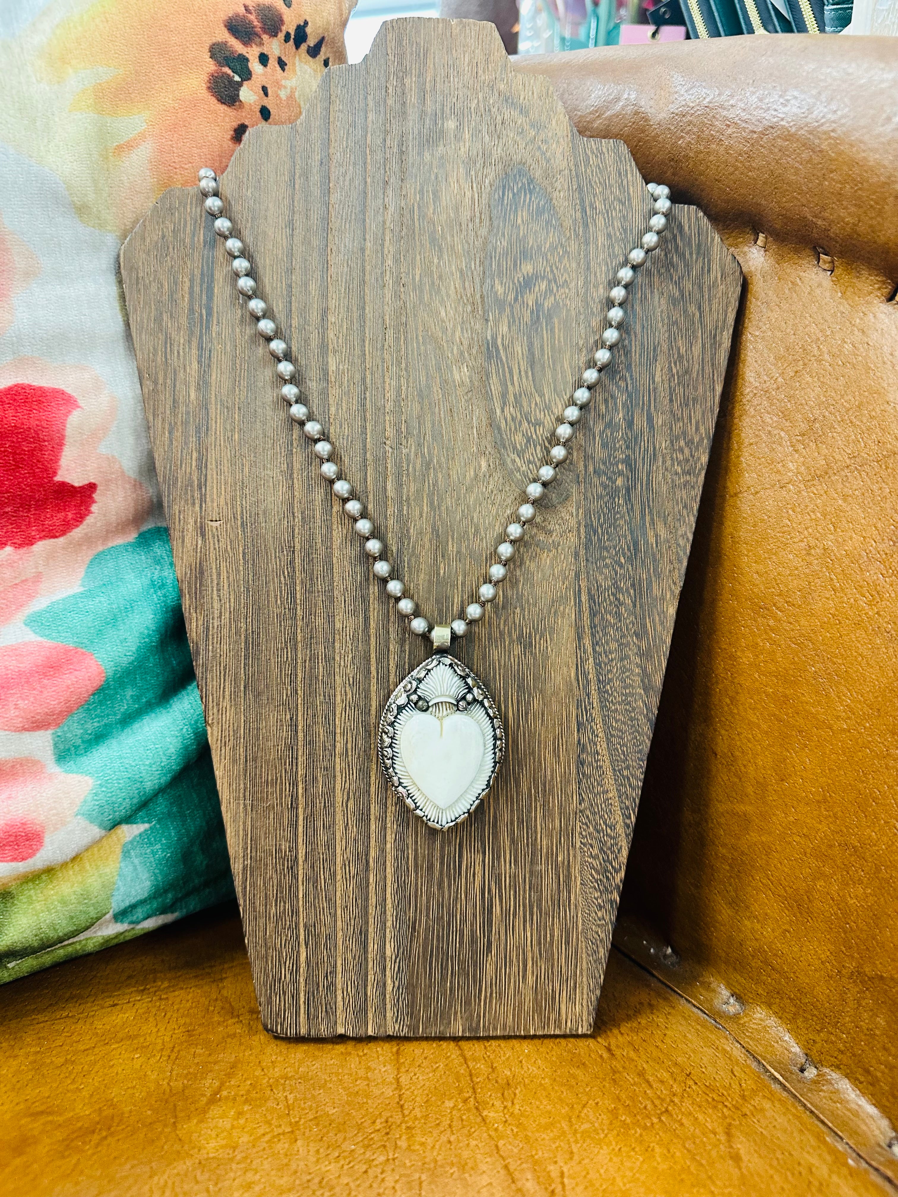 Carved Bone Sacred Heart Necklace