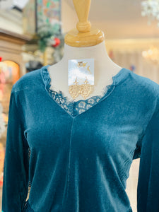 Teal Velvet Long Sleeves Top