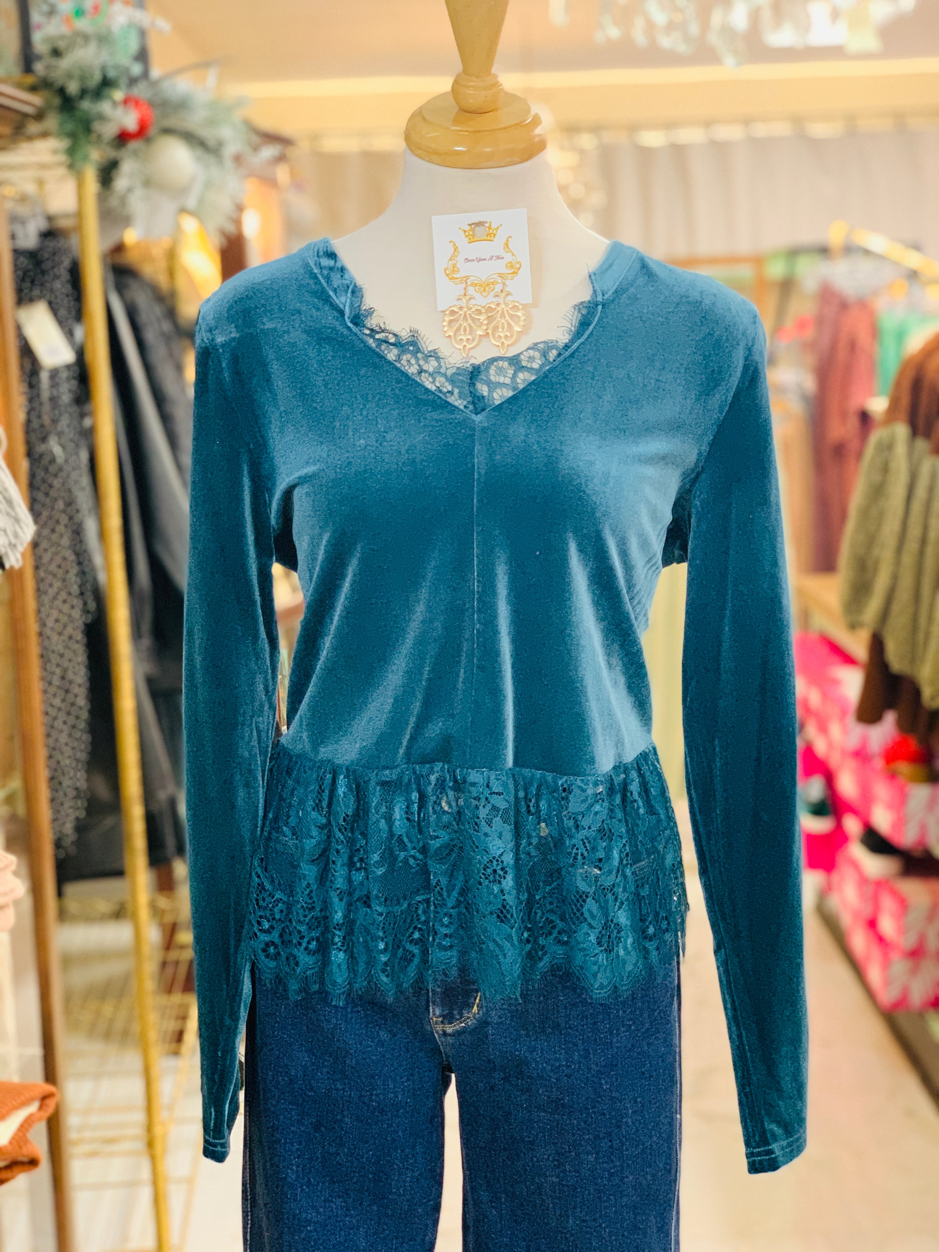 Teal Velvet Long Sleeves Top