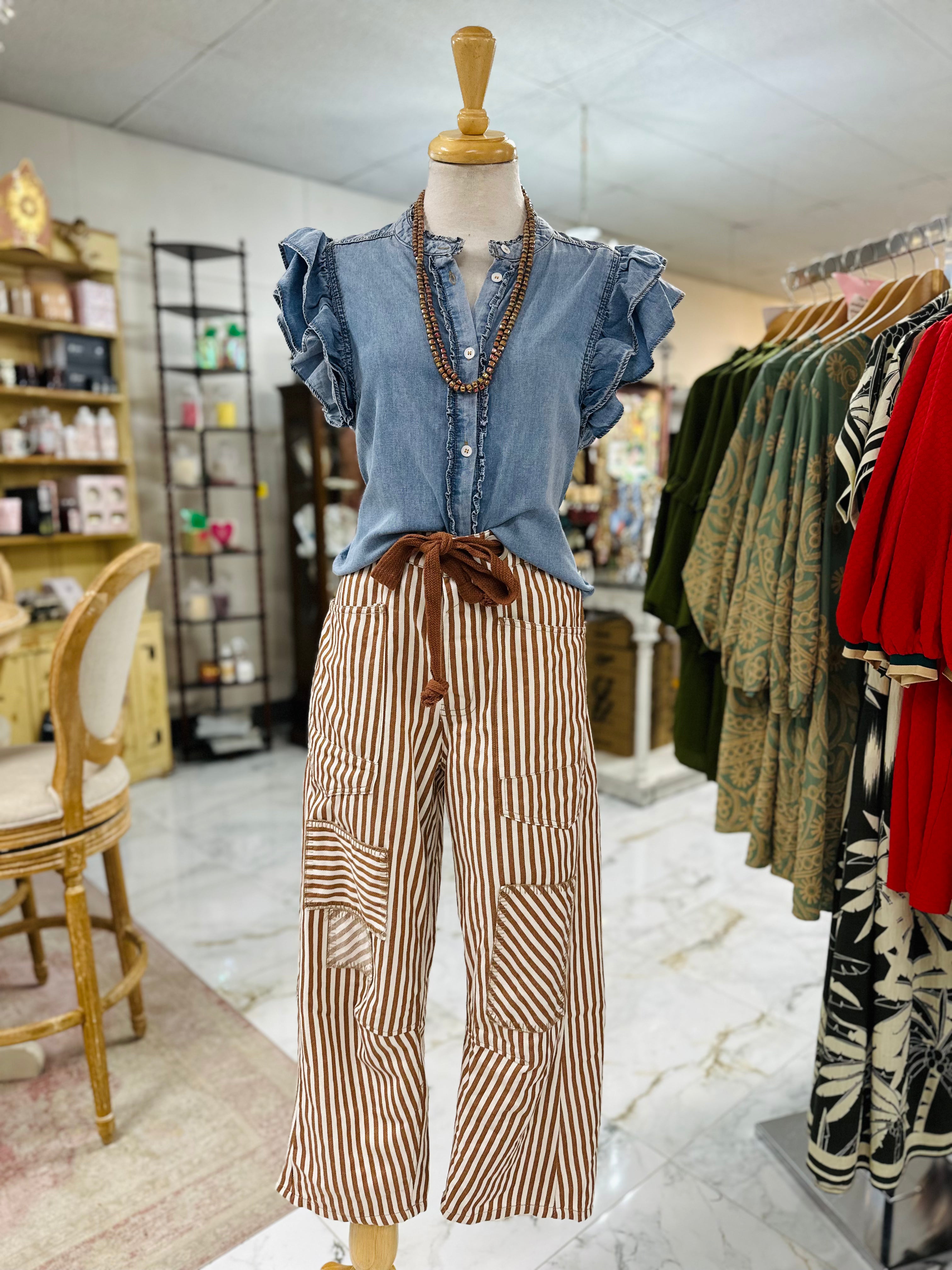 Caramel Striped Drawstring Bottoms