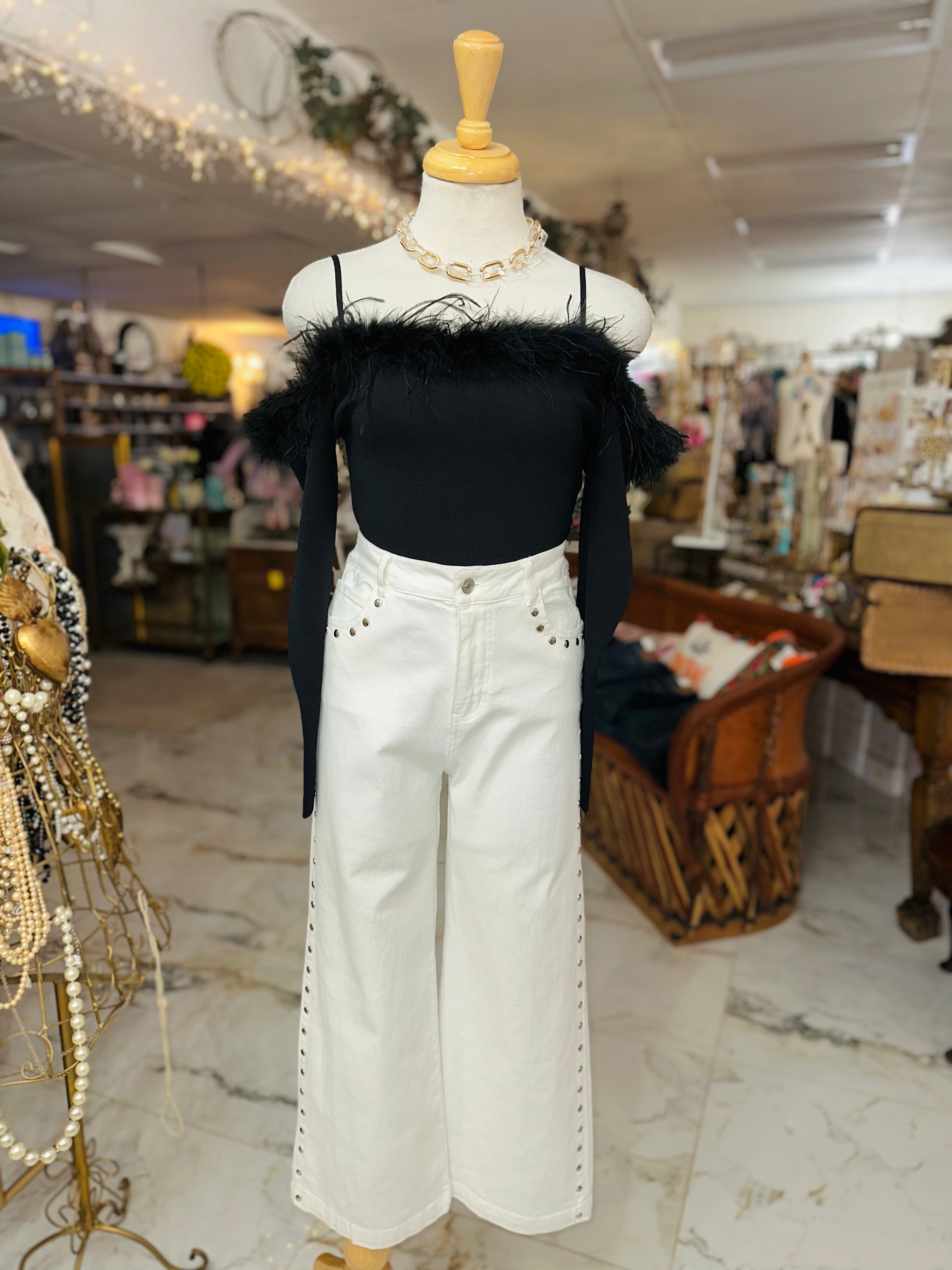 Off Shoulder Feather Black Top