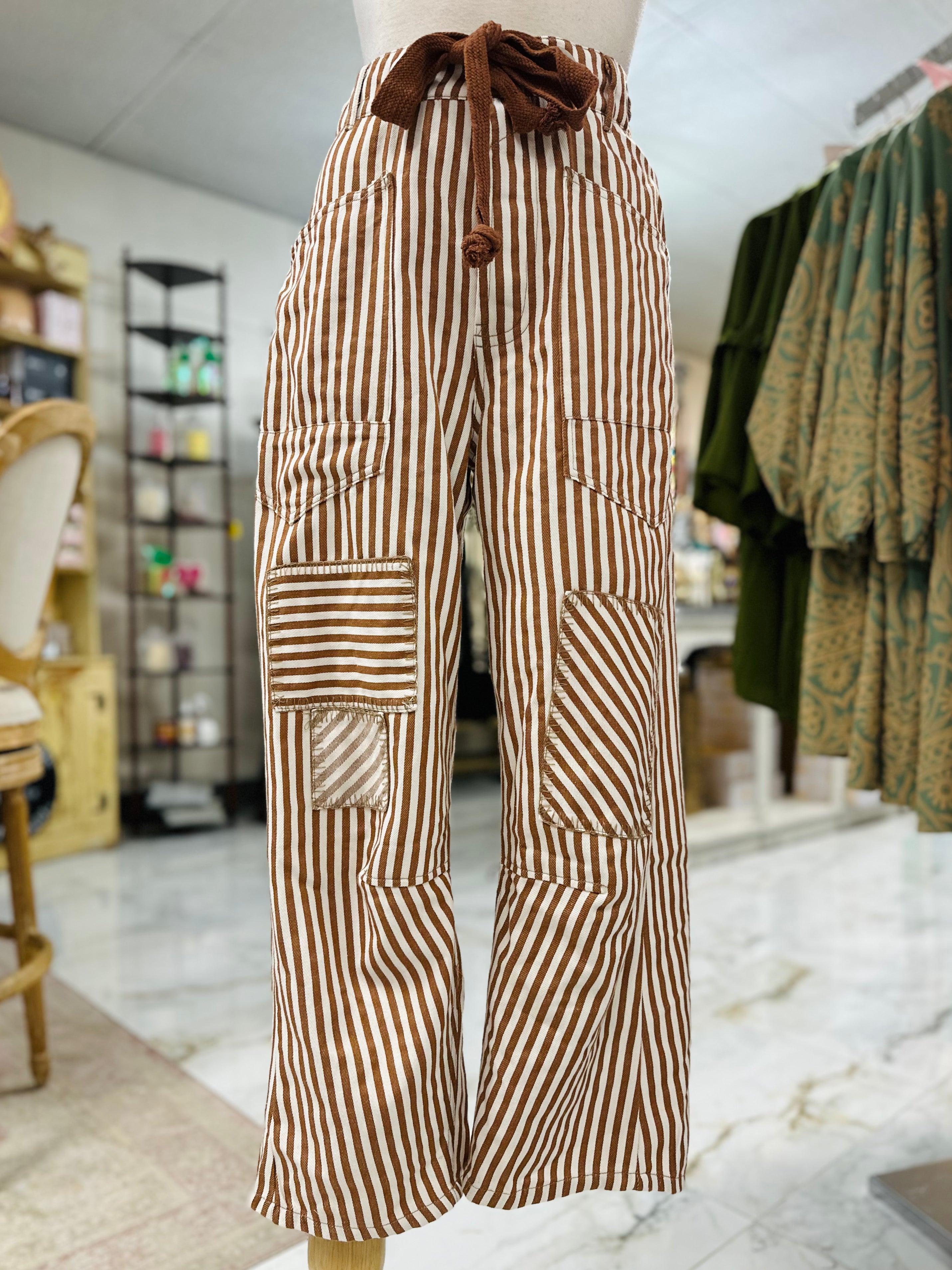 Caramel Striped Drawstring Bottoms