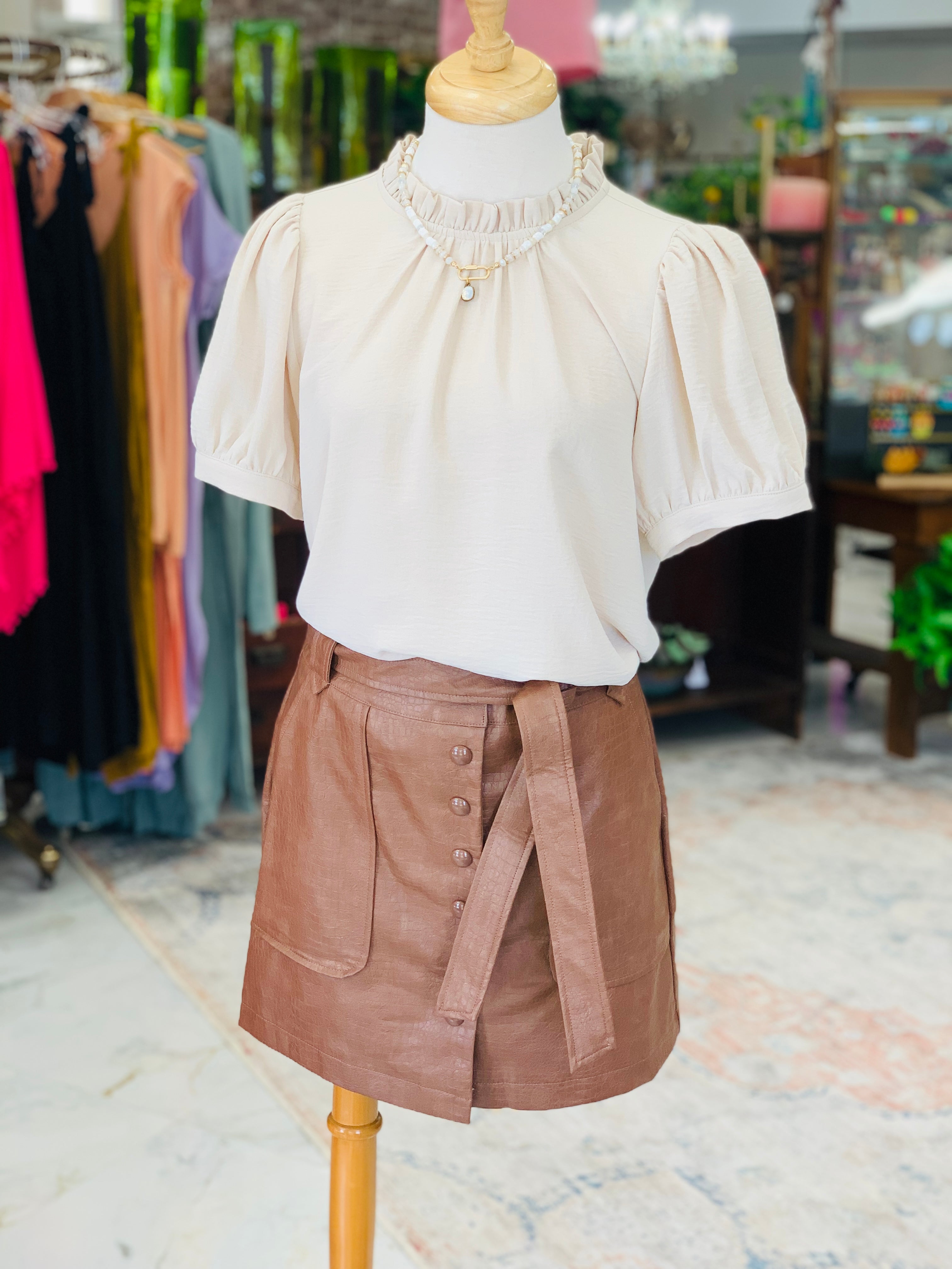 Brown Tie Waist Mini Skirt