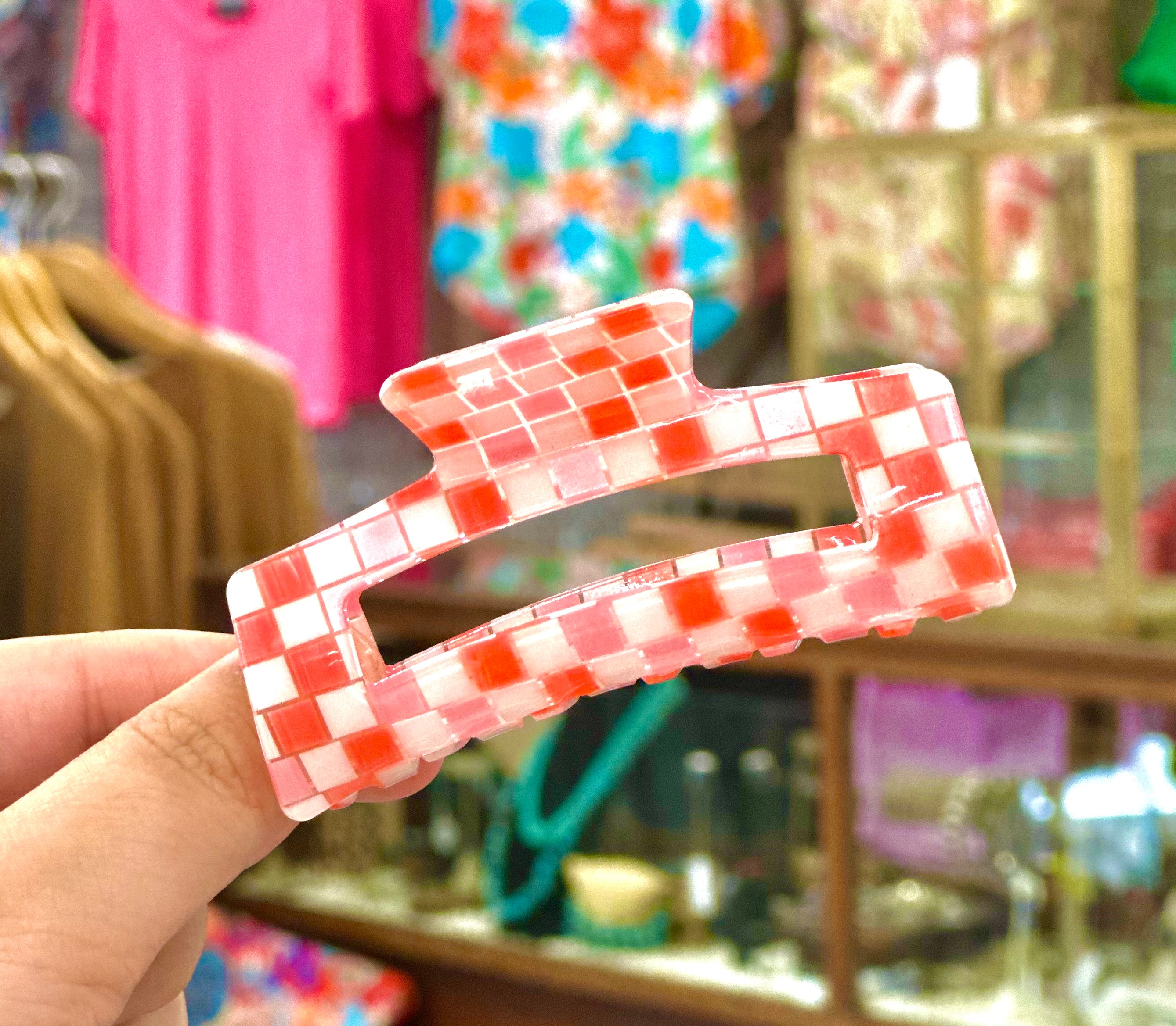 Pink Checkered Hair Clips