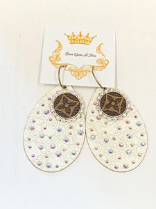 White Rhinestone Leather Earrings